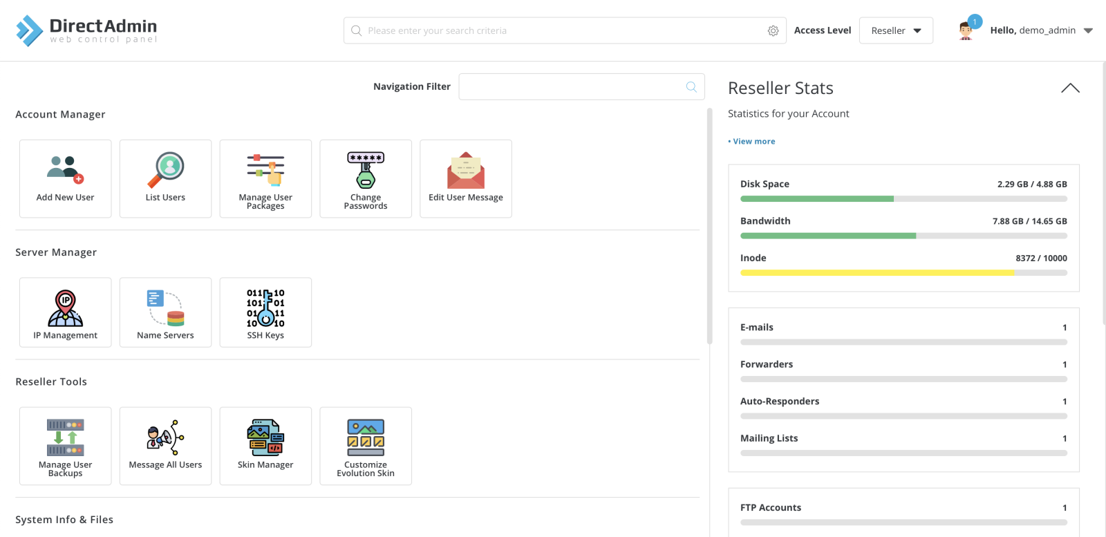 DirectAdmin Icons grid layout