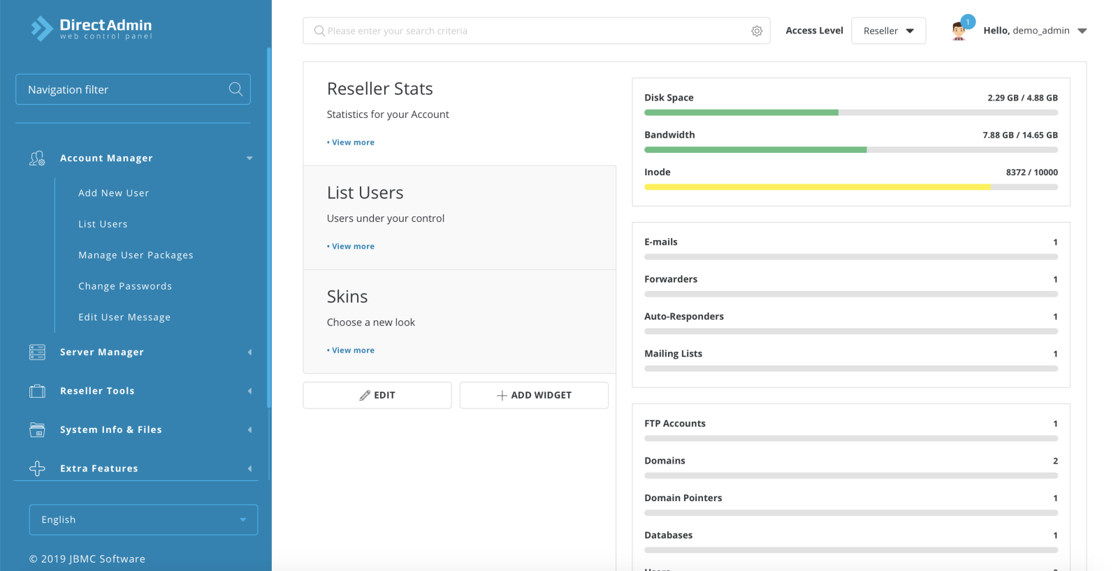 DirectAdmin Sidebar layout